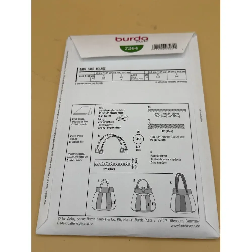 Burda Style 7264 Handbag Tote Bag Sewing Pattern Uncut Complete Easy